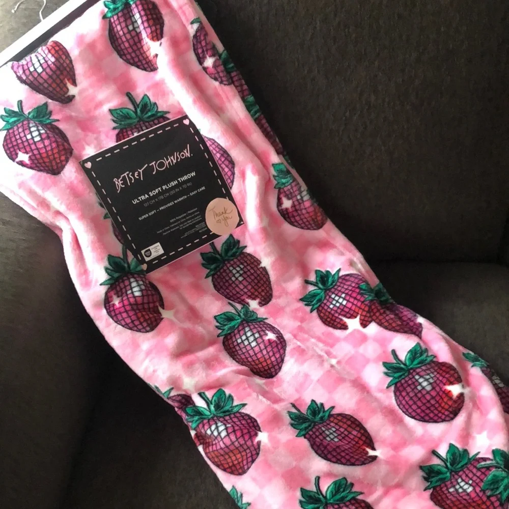 Betsey Johnson Pink DISCO Strawberry Checkered Throw Blanket